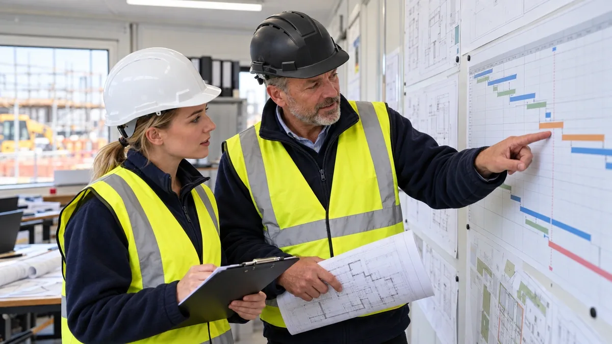 Two construction managers in hi-vis reviewing a project programme chart in a site office