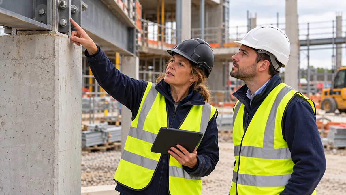 A site manager pointing out a steel connection to a colleague on a construction site